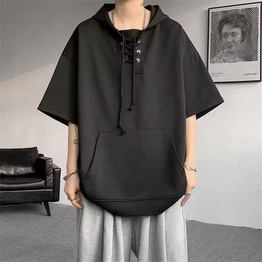 Summer Hooded T-Shirts Men Solid Short Sleeve Loose Streetwear Tees Male Vintage Casual Sports Tshirt Hooded Neck Tops Plus Size