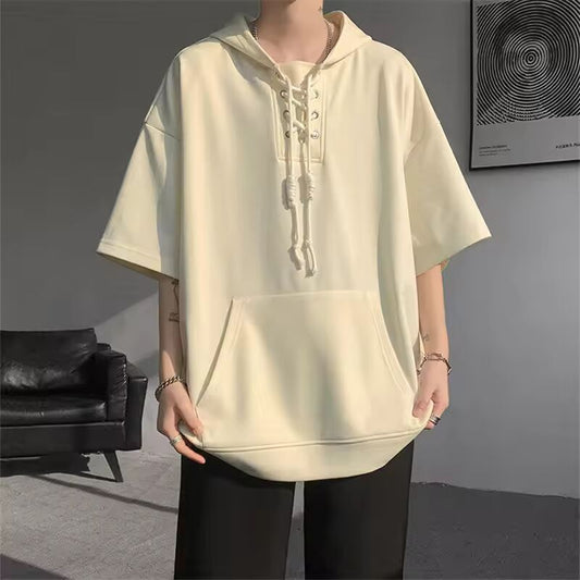 Summer Hooded T-Shirts Men Solid Short Sleeve Loose Streetwear Tees Male Vintage Casual Sports Tshirt Hooded Neck Tops Plus Size