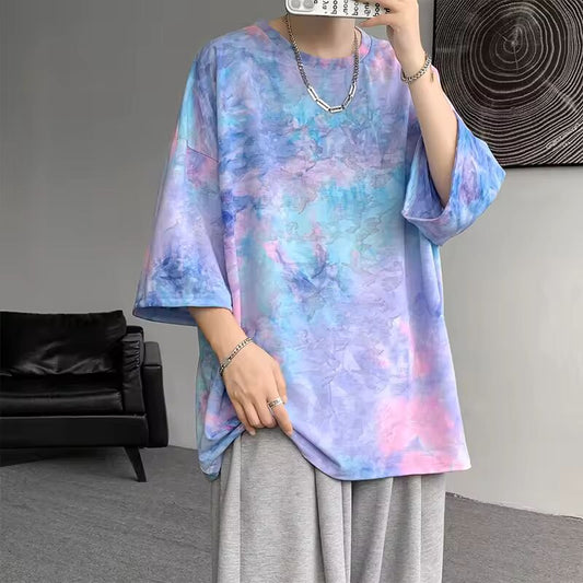 2023 Men Fashion Casual Summer New Men T Shirt Silk Tie-Dyed Short-Sleeved T-Shirt Trend Breathable Tees Fashion Streetwear